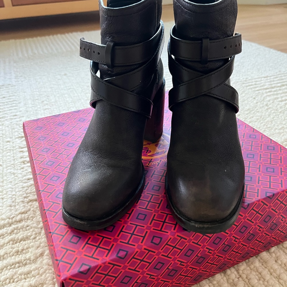Tory Burch dark brown leather block heels (3”) short boots size 6.5M